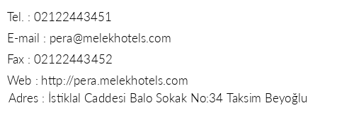 Melek Hotels Pera telefon numaralar, faks, e-mail, posta adresi ve iletiim bilgileri